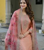 Women peach silk blend solid woven design straight kurta trousers with dupatta