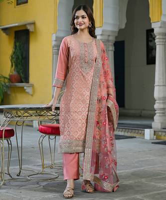 Women peach silk blend solid woven design straight kurta trousers with dupatta 2