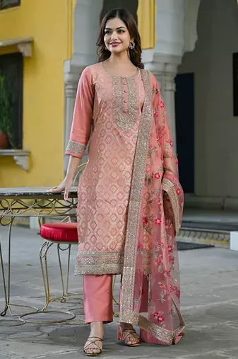 Women peach silk blend solid woven design straight kurta trousers with dupatta