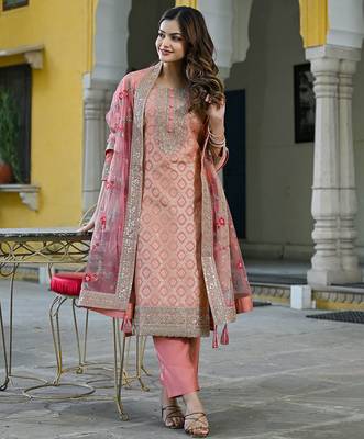 Women peach silk blend solid woven design straight kurta trousers with dupatta 3