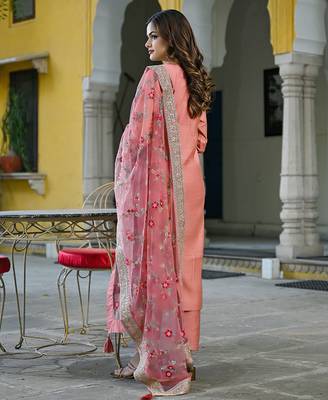 Women peach silk blend solid woven design straight kurta trousers with dupatta 4