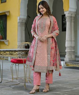 Women peach silk blend solid woven design straight kurta trousers with dupatta 5