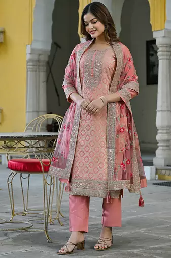 Women peach silk blend solid woven design straight kurta trousers with dupatta