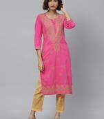 Hand embroidered pink cotton lucknowi chikankari kurta with palazzo