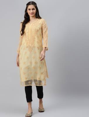 Hand embroidered fawn georgette lucknowi chikankari straight kurta set with slip 1