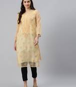 Hand embroidered fawn georgette lucknowi chikankari straight kurta set with slip