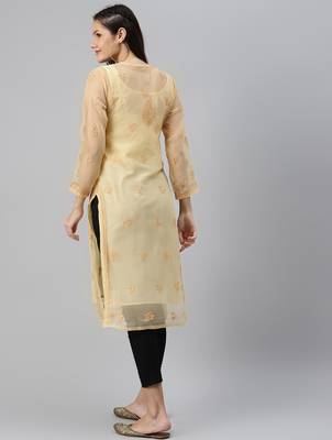 Hand embroidered fawn georgette lucknowi chikankari straight kurta set with slip 2