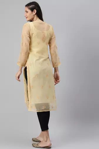 Hand embroidered fawn georgette lucknowi chikankari straight kurta set with slip
