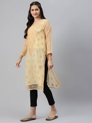 Hand embroidered fawn georgette lucknowi chikankari straight kurta set with slip 3