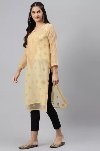 Hand embroidered fawn georgette lucknowi chikankari straight kurta set with slip