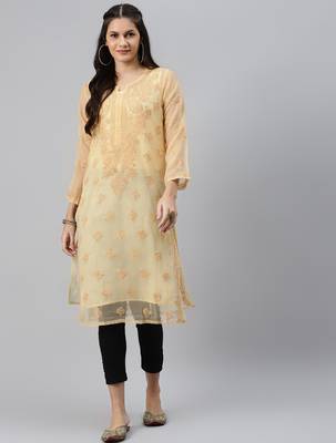 Hand embroidered fawn georgette lucknowi chikankari straight kurta set with slip 4