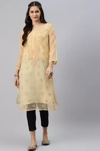 Hand embroidered fawn georgette lucknowi chikankari straight kurta set with slip