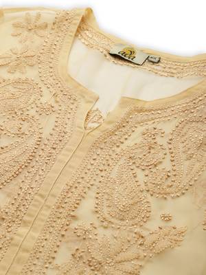 Hand embroidered fawn georgette lucknowi chikankari straight kurta set with slip 5