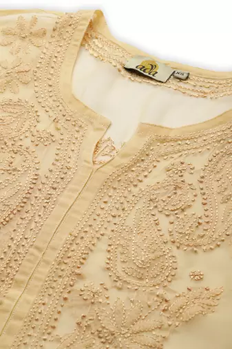Hand embroidered fawn georgette lucknowi chikankari straight kurta set with slip