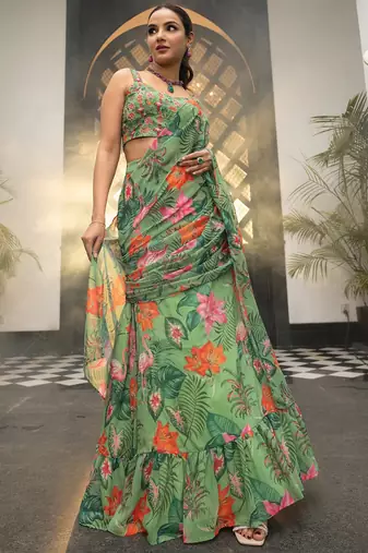 dark olive Georgette tropical print ready to wear saree
