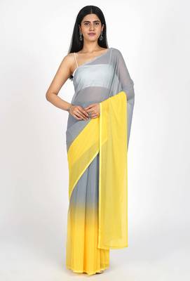 pre draped yellow georgette shading print saree 1