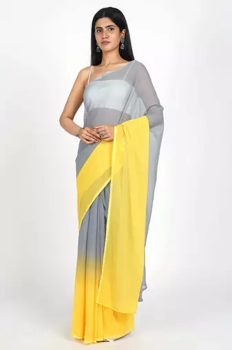 pre draped yellow georgette shading print saree