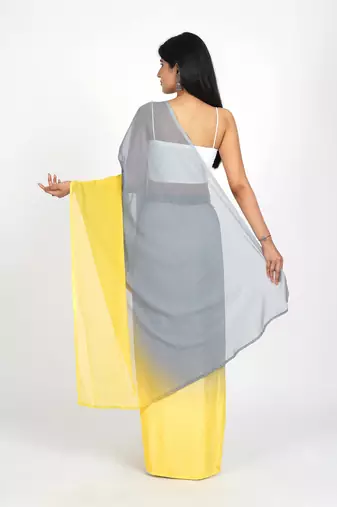 pre draped yellow georgette shading print saree