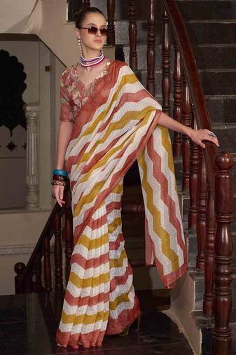 Maslin leheriya print cotton saree with multicolored cotton tussle at pallu for women in wear for traditional or party