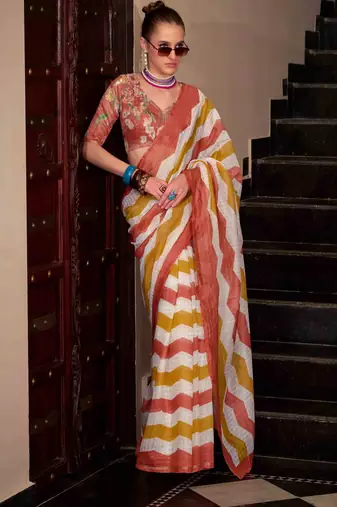 Maslin leheriya print cotton saree with multicolored cotton tussle at pallu for women in wear for traditional or party