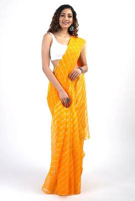 Yellow Kota chex fabric leheriya print saree 1