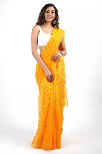 Yellow Kota chex fabric leheriya print saree