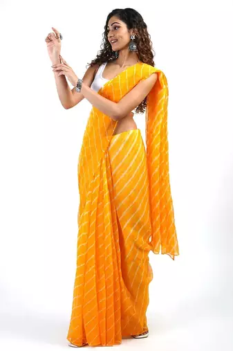 Yellow Kota chex fabric leheriya print saree