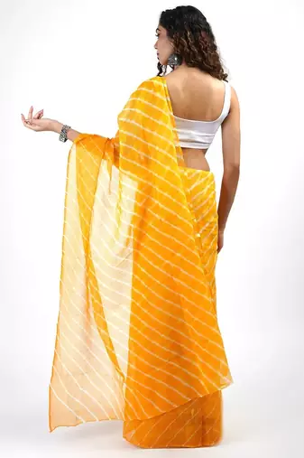 Yellow Kota chex fabric leheriya print saree