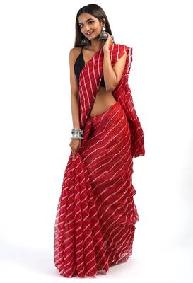 Red Kota chex fabric leheriya print saree 2