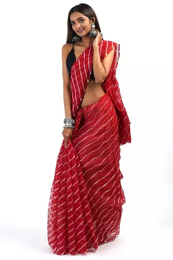 Red Kota chex fabric leheriya print saree