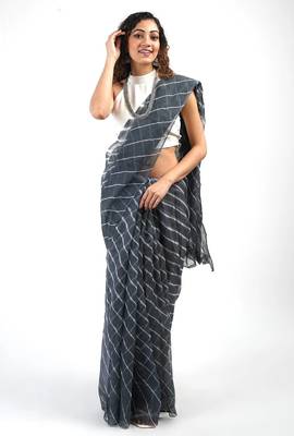 Grey Kota chex fabric leheriya print saree 1