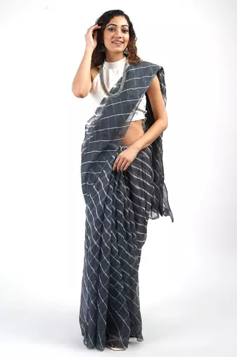 Grey Kota chex fabric leheriya print saree