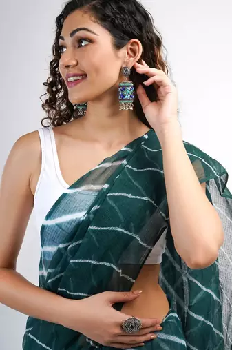 green Kota chex fabric leheriya print saree