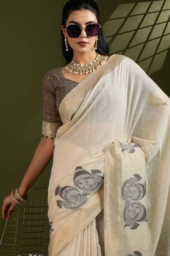 Dark grey Muga Cotton With Kalamkari Peacock Weaving Saree 