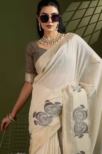 Dark grey Muga Cotton With Kalamkari Peacock Weaving Saree 