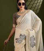 Dark grey Muga Cotton With Kalamkari Peacock Weaving Saree 