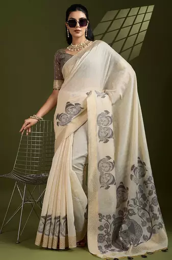 Dark grey Muga Cotton With Kalamkari Peacock Weaving Saree 