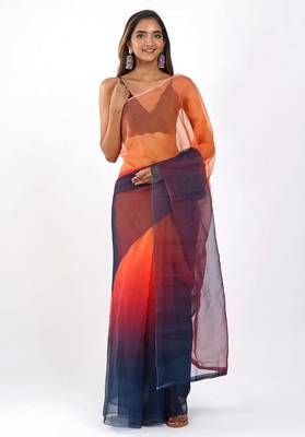 orange Organza dual color shading print saree 1