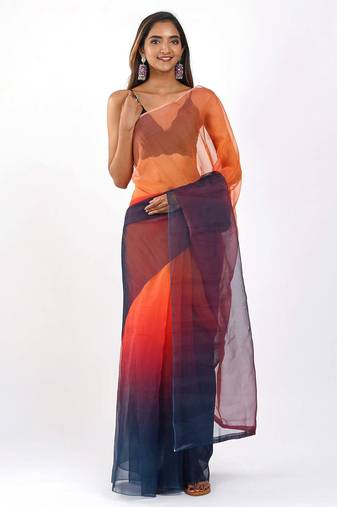 orange Organza dual color shading print saree