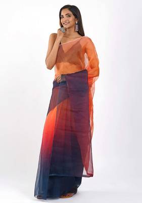 orange Organza dual color shading print saree 2