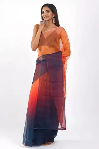 orange Organza dual color shading print saree