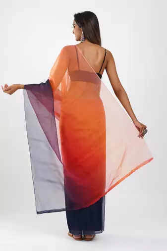 orange Organza dual color shading print saree