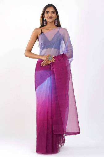 wine Organza dual color shading print saree