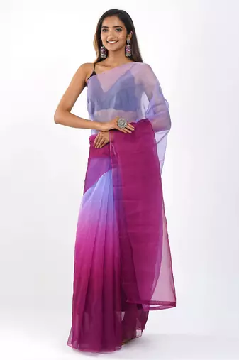 wine Organza dual color shading print saree