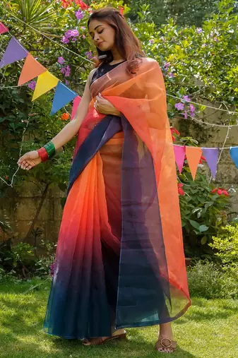 orange Organza dual color shading print saree