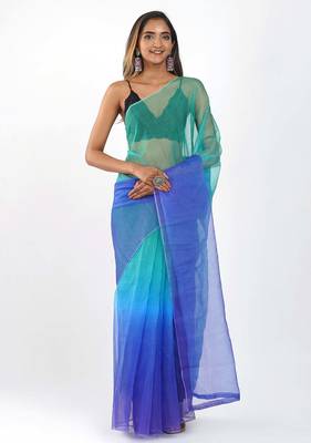 Sea green Organza dual color shading print saree 1
