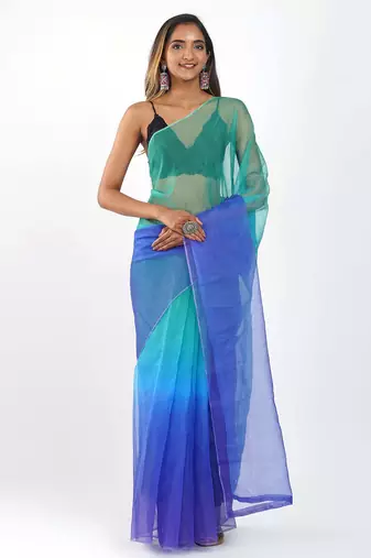 Sea green Organza dual color shading print saree