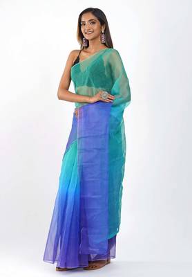 Sea green Organza dual color shading print saree 2