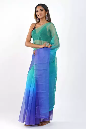 Sea green Organza dual color shading print saree