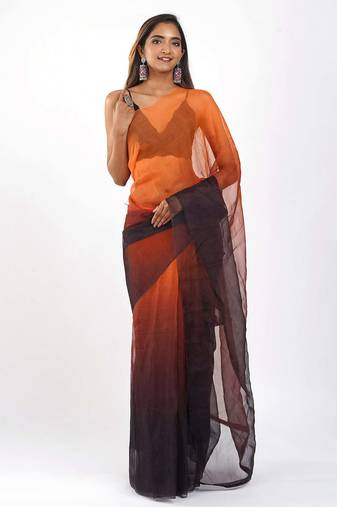 orange and black Organza shading print saree